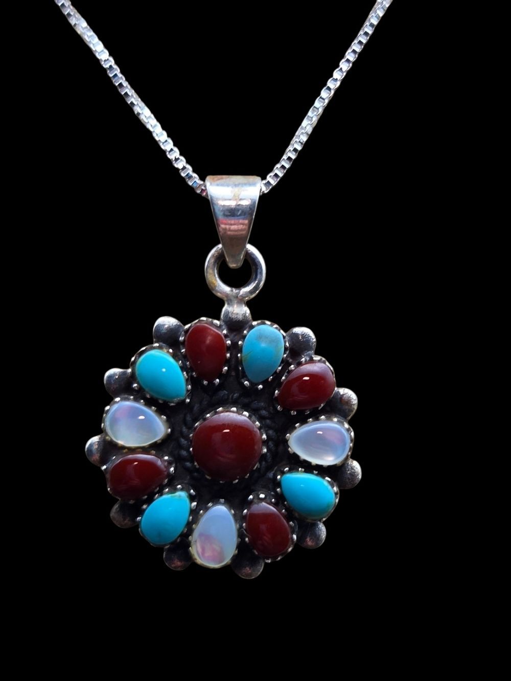 Sterling Silver Turquoise Red Spiny Oyster Moonstone Floral Cluster Pendant